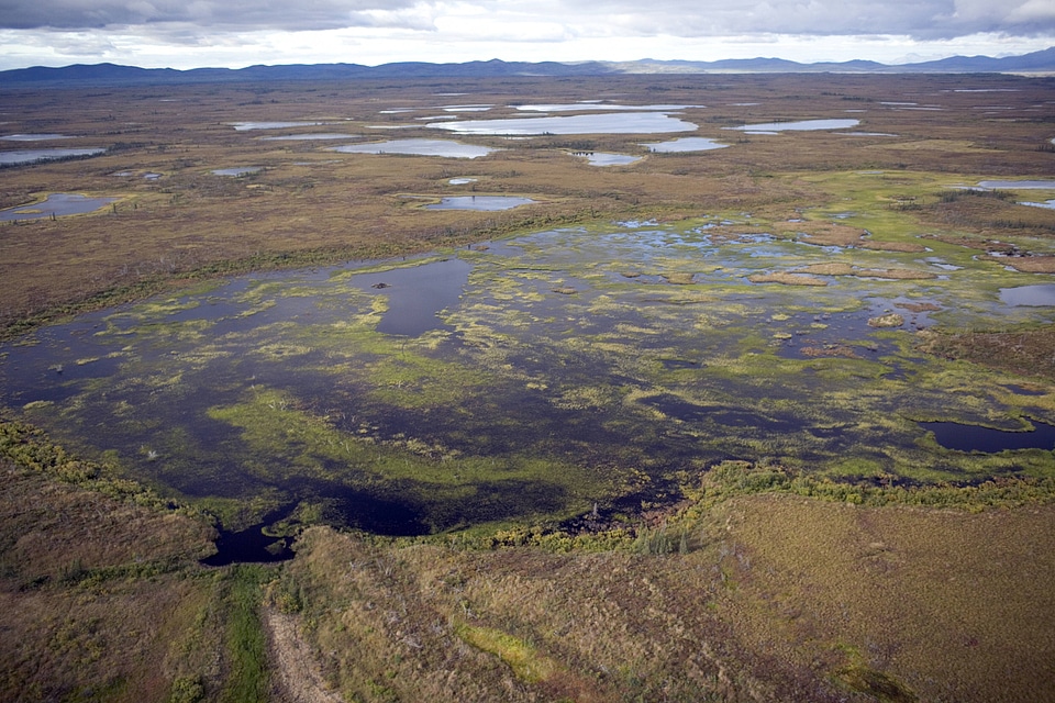 Aerial view of mountains and wetlands