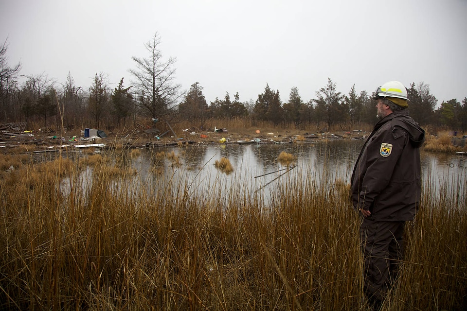 U.S. Fish and Wildlife Service employee looks at storm damage