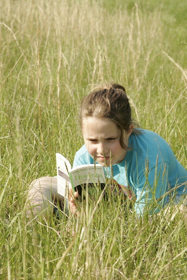 Child reading a book on a grassy field