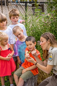 Group of children with fws employee looking at tagged monarch