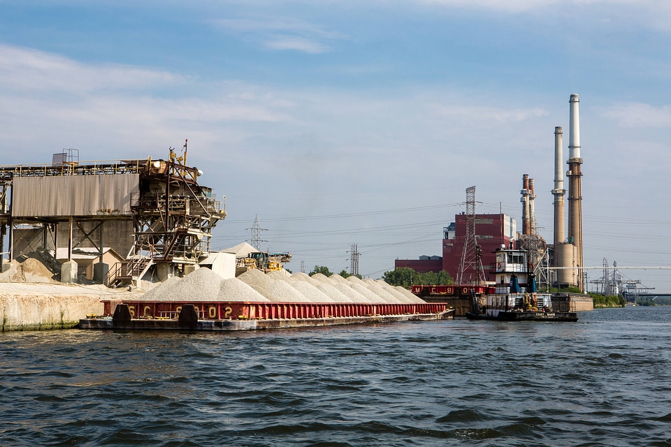 Barge being moved on the Chicago Sanitary and Ship Canal