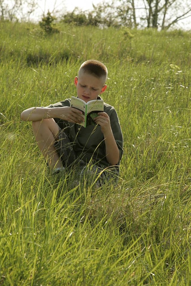 Young boy is reading a book in a field of grass