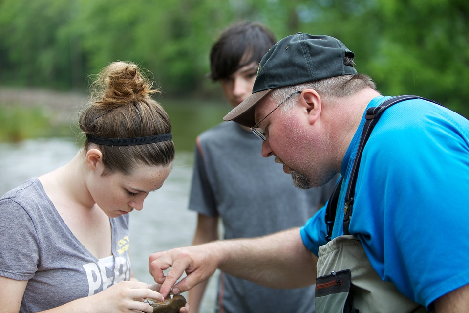 Service employee assists with macroinvertebrate identification