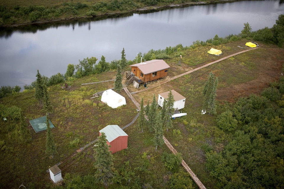 Aerial view of cabins and other outbuildings