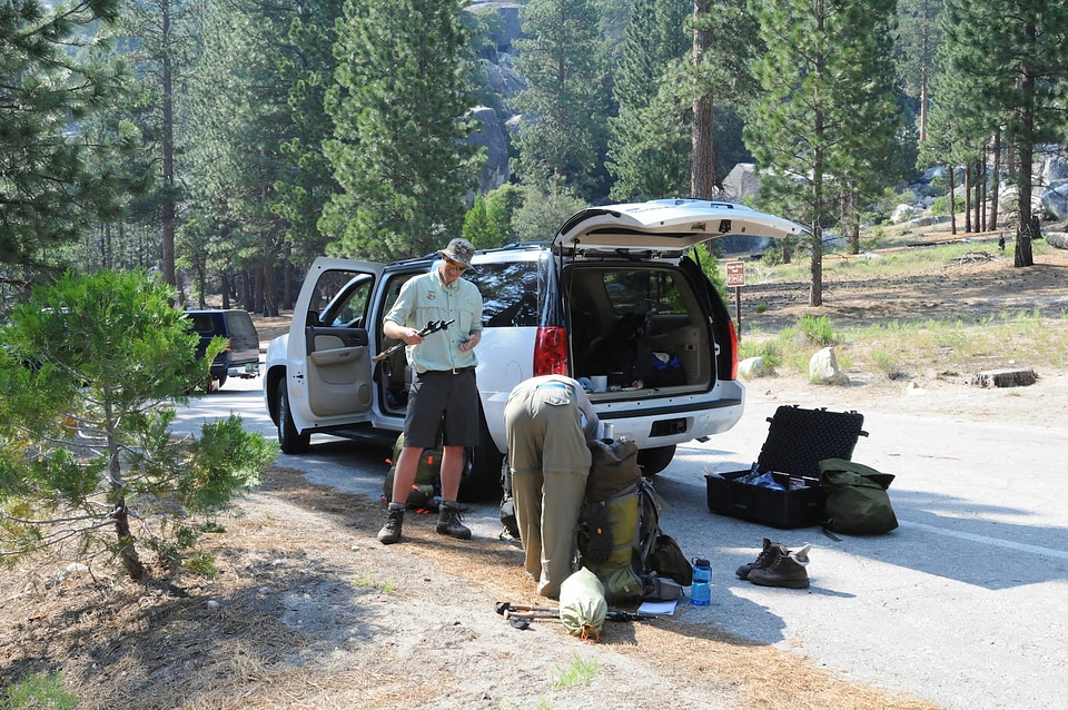 Checking gear for hike-1