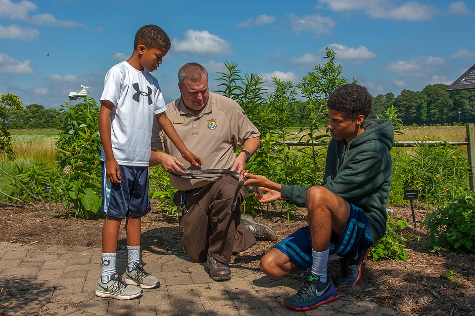 FWS staff with young boys handling black rat snake