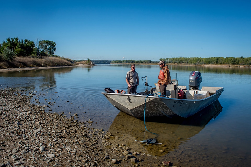 Biologist at boat on Missouri River near Yankton, South Dakota-2