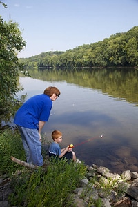 Mother and son fishing along the Potomac River