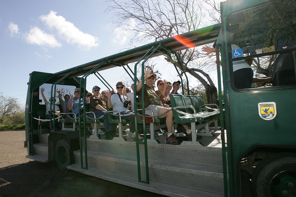 Tour bus with visitors at Laguna Atascosa National Wildlife Refuge