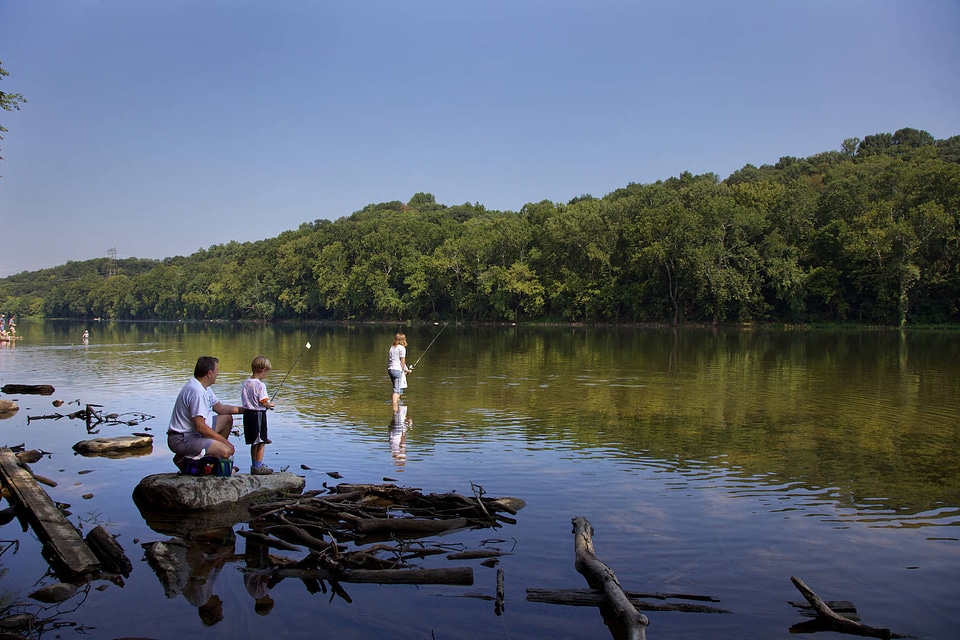 Adults teaching children how to fish