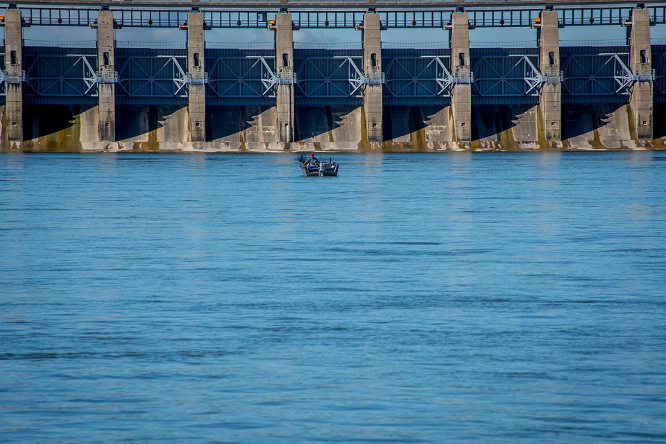 Angler in boat at Gavins Point Dam on Missouri River near Yankton, South Dakota-1