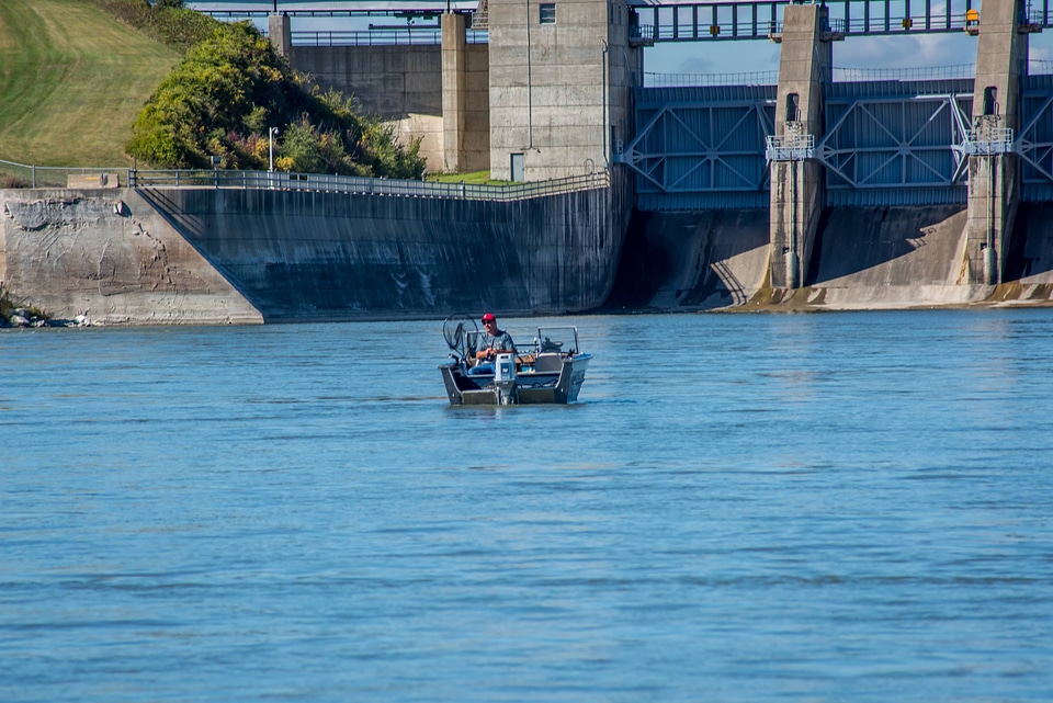 Angler in boat at Gavins Point Dam on Missouri River near Yankton, South Dakota-1
