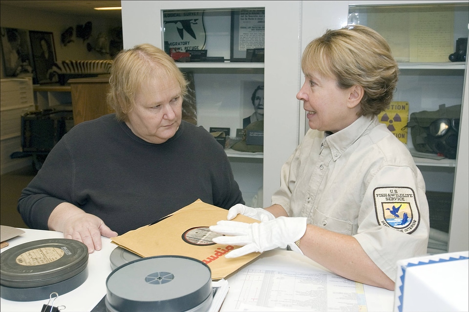Service employees archiving historical documents