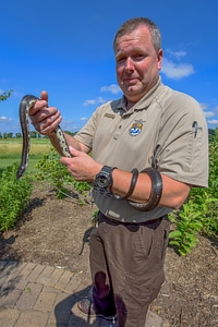 FWS Staffer in flower garden with Black Rat Snake photo