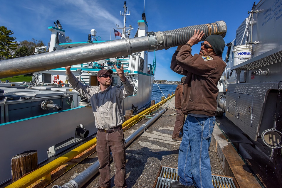 FWS staff loading juvenile lake trout onto MV Spencer Baird-1