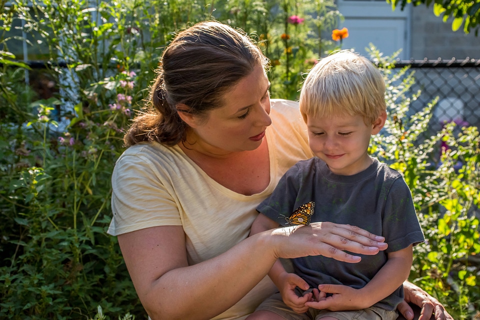 Mother and child look at monarch-2