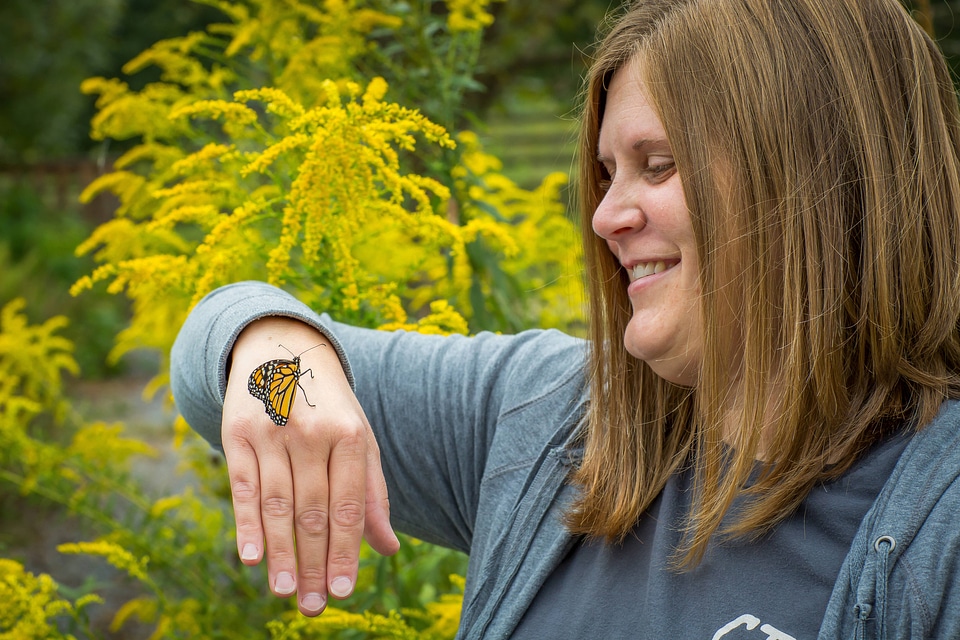 Woman holding monarch butterfly on hand-3