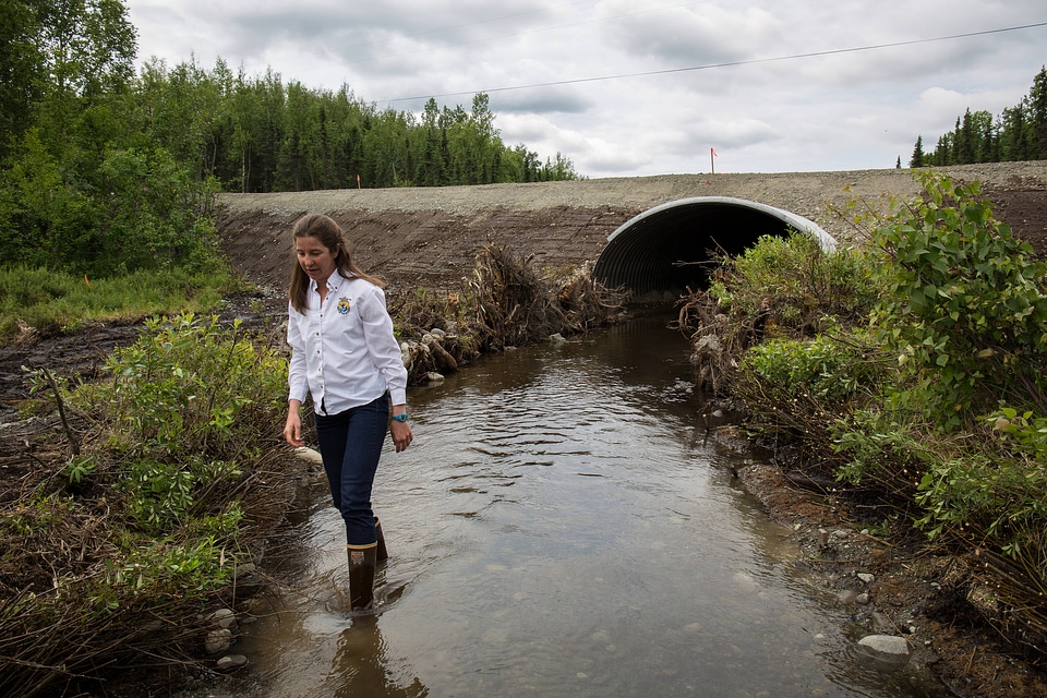 Fish passage engineer inspects new salmon friendly culvert-1