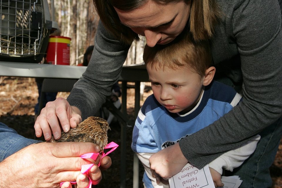 Refuge staff connect mother and son with a bird