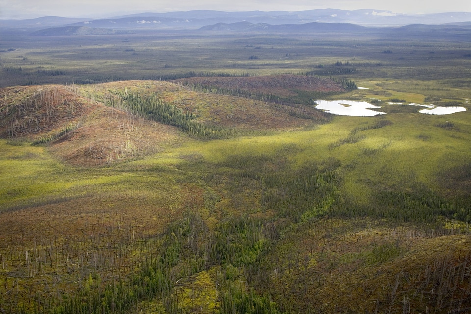 Aerial shot of mountains and ponds in Tetlin National Wildlife Refuge