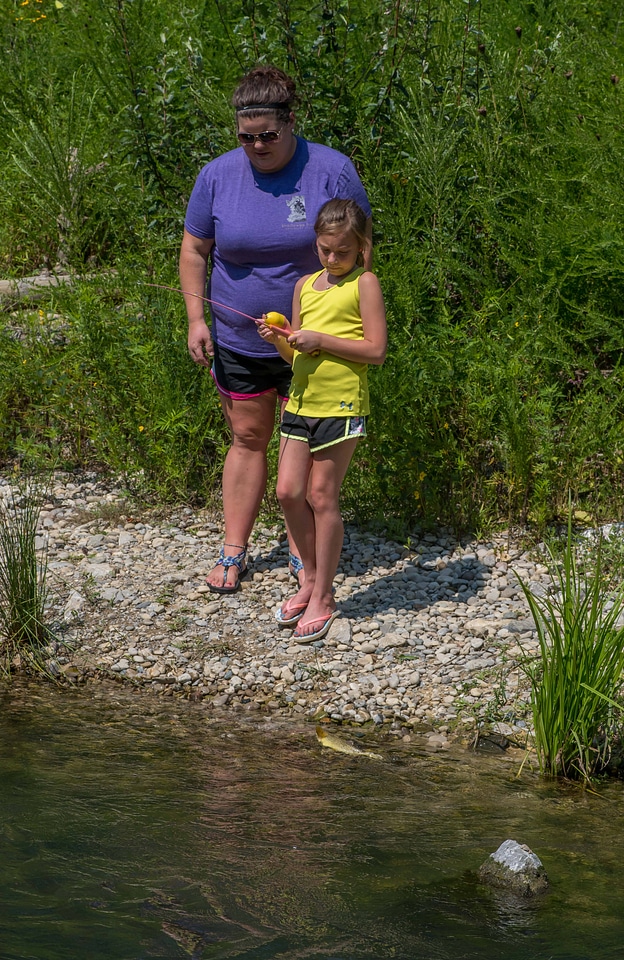 Little girl fishing with mother
