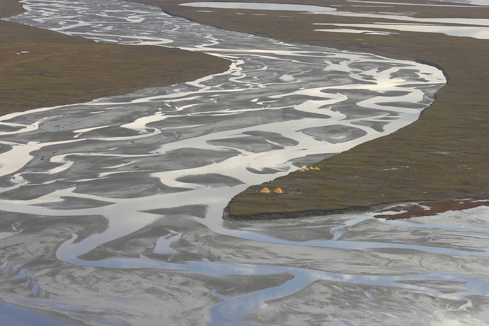 Tents from an aerial view of the shoreline