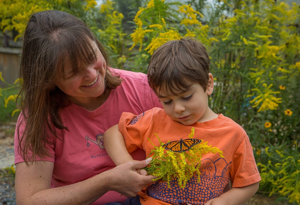 Mother and son with monarch butterfly on goldenrod flowers-1