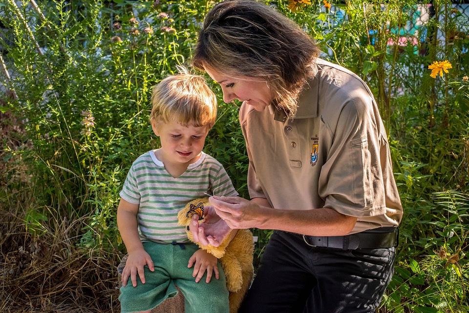 FWS employee explains to child on tagging a monarch