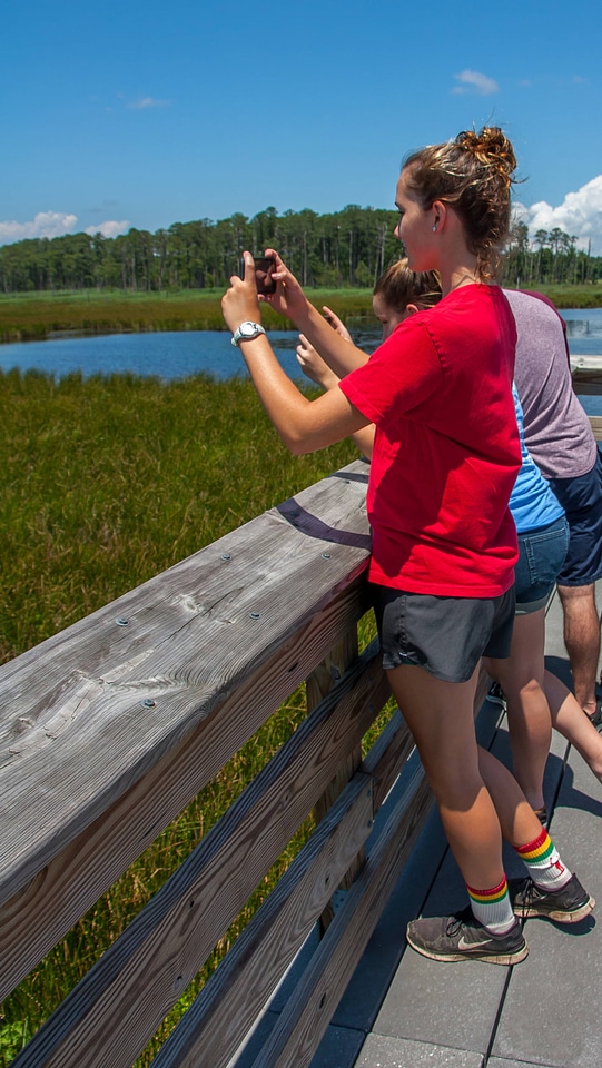 Girl takes cell phone picture of wetland-2