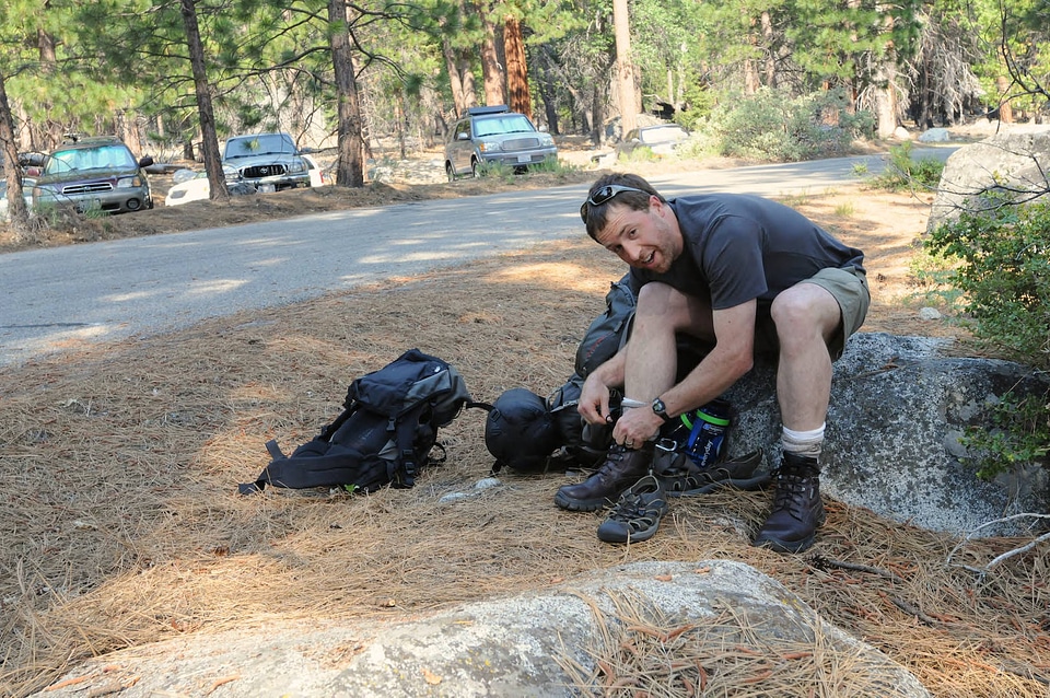 Changing into hiking shoes