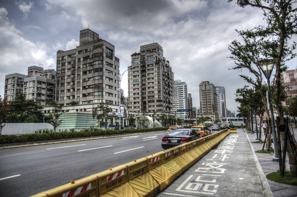 Street dark clouds building