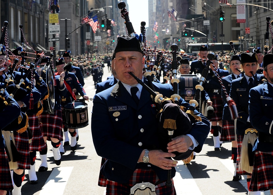 Marching band bagpipers drums