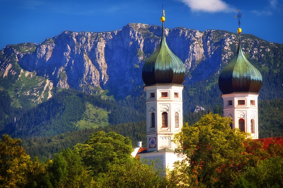 Religion towers mountains
