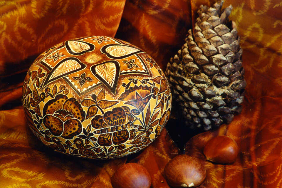 gourd bowl, pinecone, chestnuts