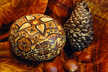 gourd bowl, pinecone, chestnuts photo