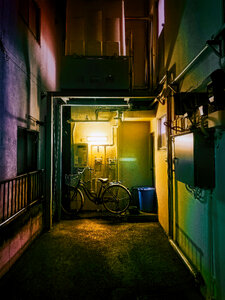 Aging Tokyo Apartment Building Hallway at Night photo