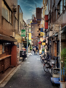 Couple Walking Down an Alley, Taito, Tokyo, Japan photo