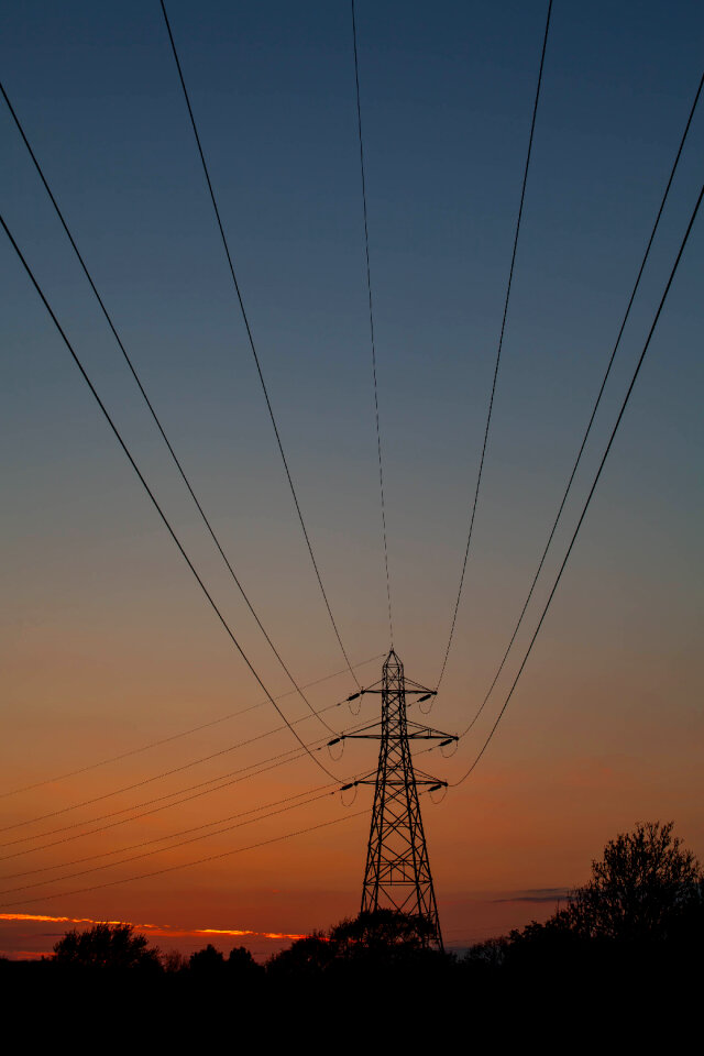 UK Power cables at sunset