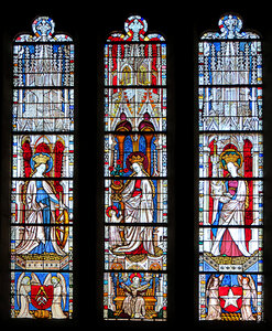 stained glass window with female saints