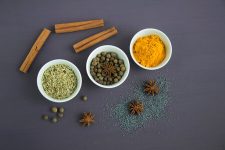 Spices in ceramic bowls on a dark background photo