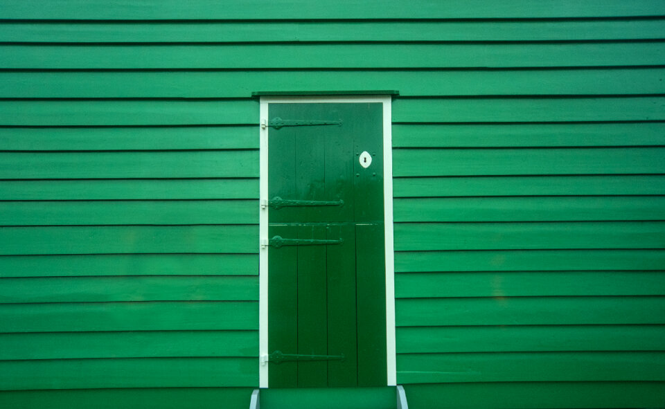 Green door of a wooden house photo