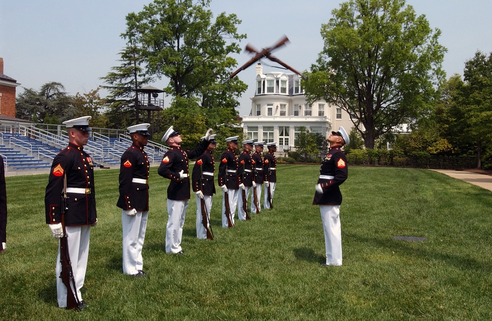 Drill team tossing rifle formation
