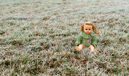 Creepy Doll Sitting in a Meadow photo