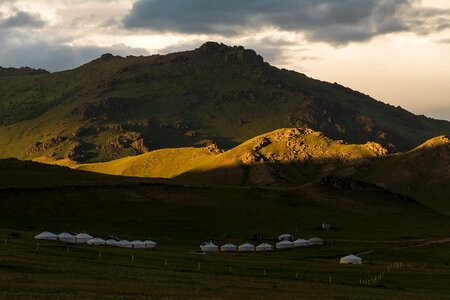 Yurts Under Mountains in Mongolia photo