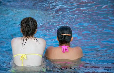Two women sitting in a swimming pool
