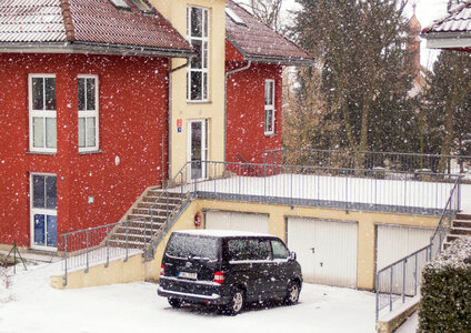Falling Snow With House And Van Car photo