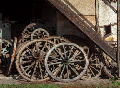 Wooden Wagon Wheels On Farm photo