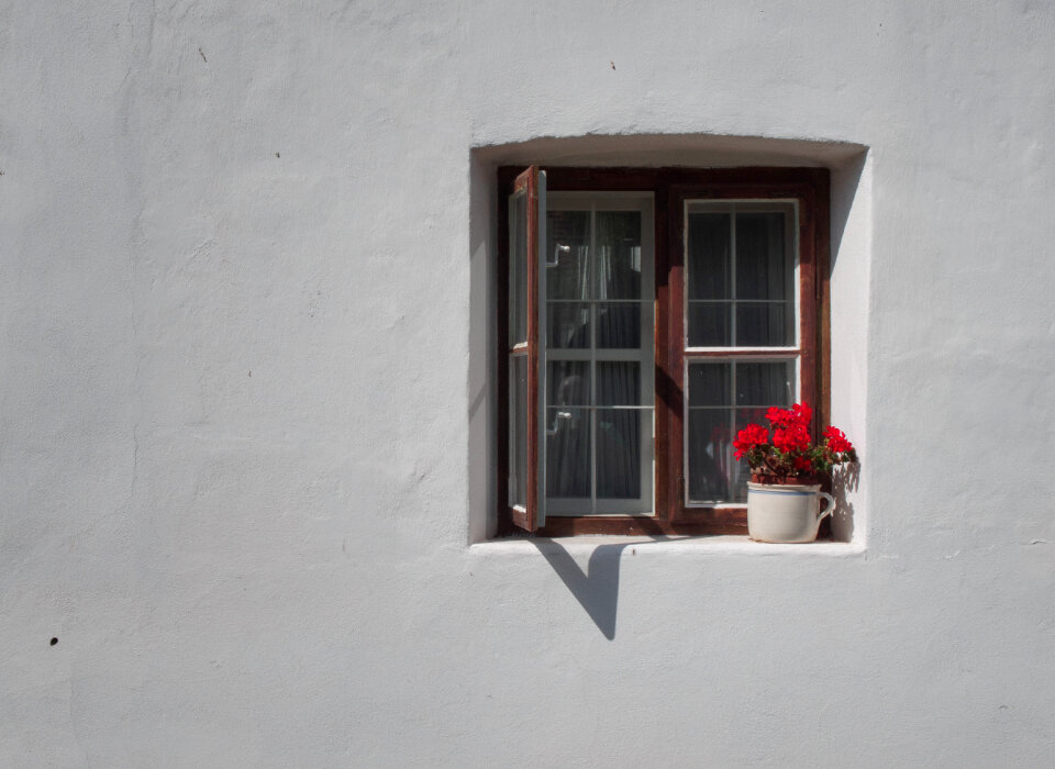 Vintage window with red flowers on white wall