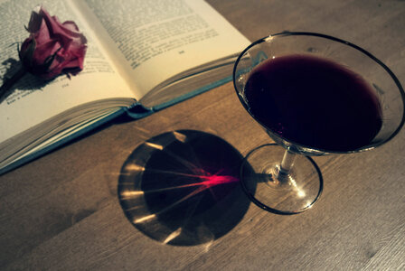 Wine, book and rose photo