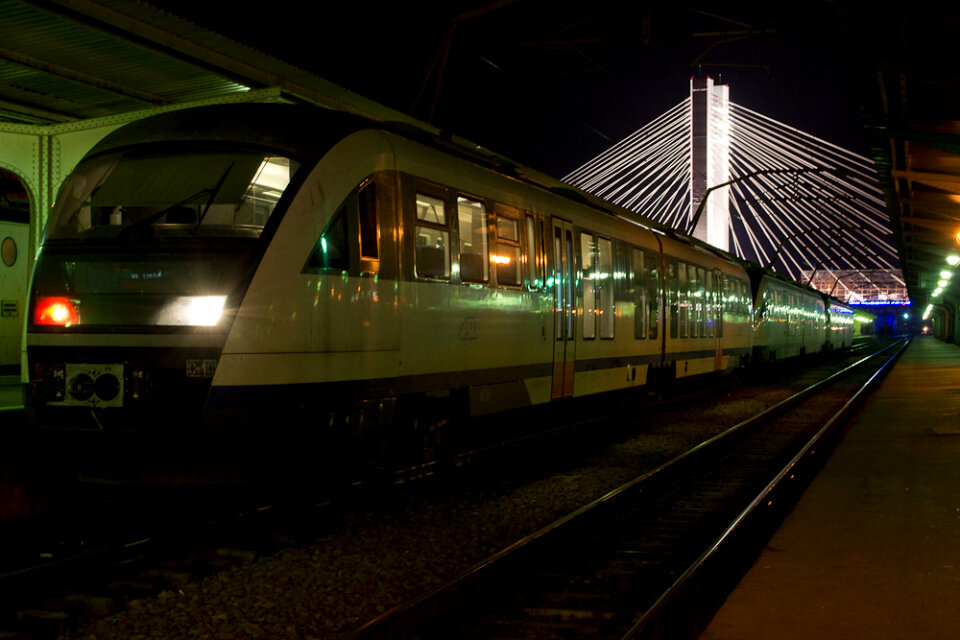 Parked modern traing at night photo